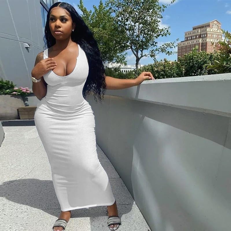 Image of Nimsruc Women Casual Sexy Deep U Neck Tank Top Bodycon Dress Summer Sleeveless Wrap Long Basic Party Club Maxi Dresses