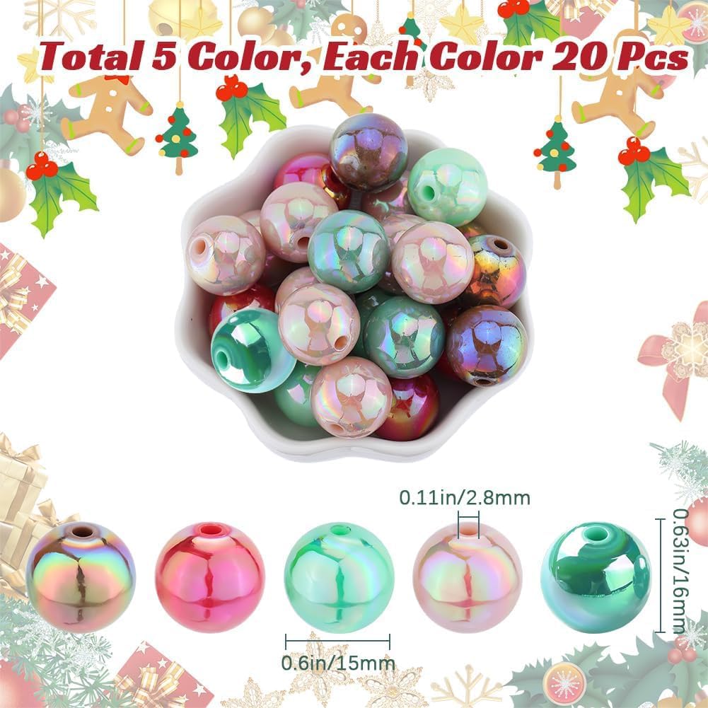 100Pcs 5 Colors 16mm Acrylic Beads Bulk Christmas Theme Beads Bubblegum AB Color Beadable Pens Opaque Chunk Bead for Jewelry Making Beading Supplies Earrings Bracelets Necklaces Adult - Image 2
