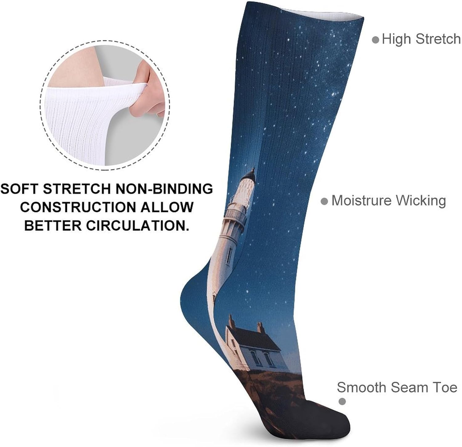 Lighthouse Under Starry Night Sky Crew Socks High Stocking Thermal Socks | Tube Socks-Breathable-Moisture-Soft-wicking for Hospital Pilates Yoga for women men Grippy for office and daily walking