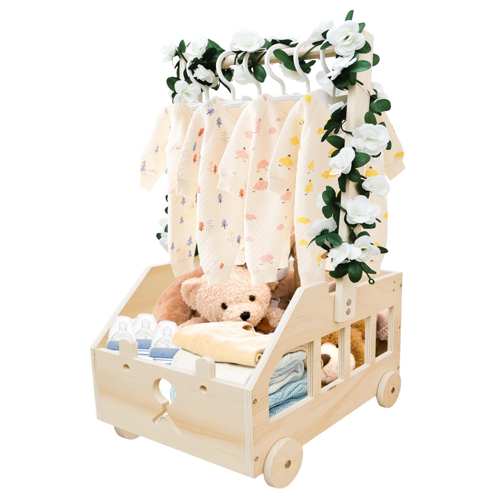 Taimimy Holz Baby Geschenk Korb mit Griff, Kinder Kleiderbügel und Girlande, Holz Babyparty Schrank, Baby Aufbewahrungskorb,Personalisierte Baby Korb für Schwangere Neue Eltern(Bärenkinderwagen)