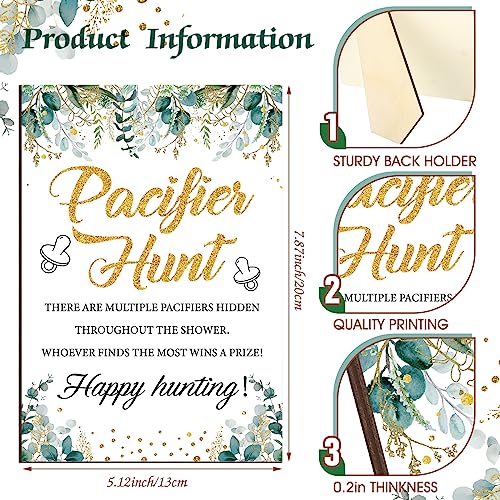 Image of Thyle 51 Pcs Greenery Theme Pacifier Hunt Baby Shower Games Include Blue Hunt Sign and 50 Acrylic Pacifiers for Greenery Eucalyptus Baby Shower Game Decoration Gift Sets Gender Reveal Party Decor