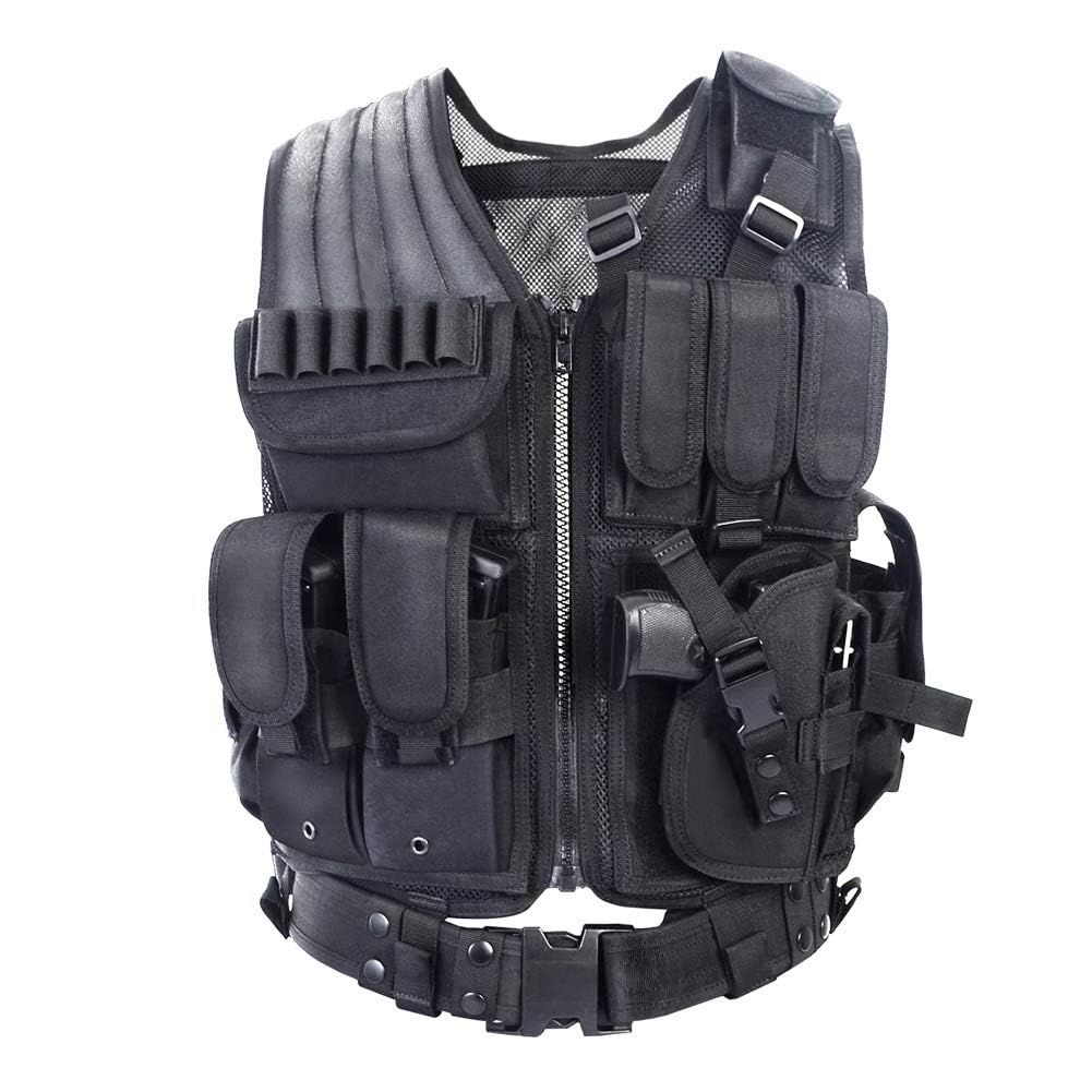 BOMTURN Tactical Vest Outdoor Ultra-Light Breathable Durable Mesh Airsoft Vest Adjustable Detachable Belt & Holster