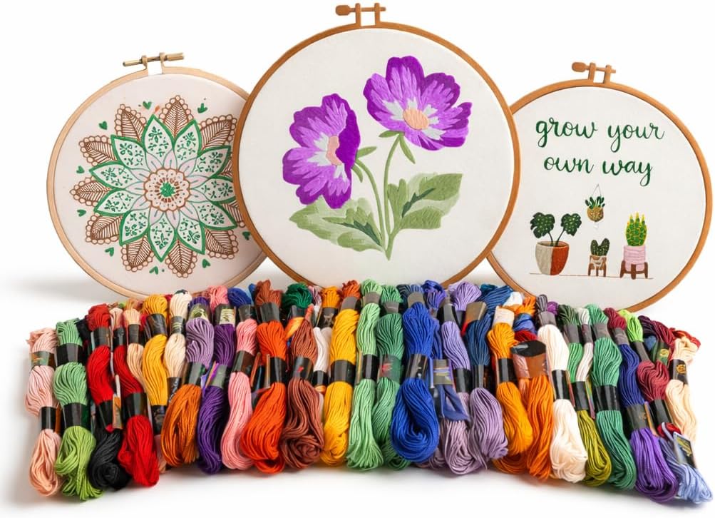 BUZZCRAFT Mega Embroidery Kit for Beginners, Learn 30+ Stitches, 10 Practice Patterns, Plenty of Colorful Embroidery Floss, English Embroidery Booklet, DIY Hand Sewing Kit, 8" Hoop, Easy to Learn