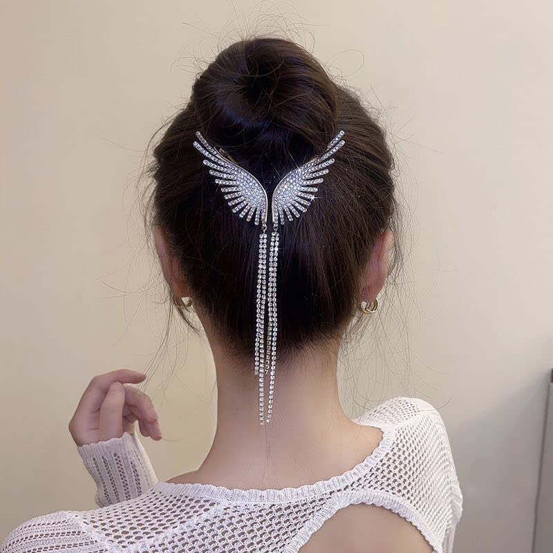 Tassel Ponytail Hairpin,Angel Wings High Rise Ponytail Hair Buckle Hairpin Fashion Diamond Tassel Pendant Hair Clip Pearl Luxury Hair Pins Shiny Hair Accessories for Women Girls image 2