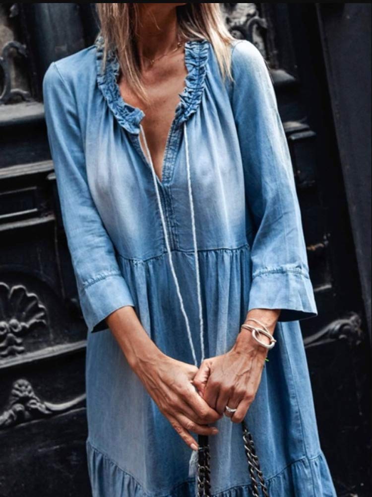 Yesgirl Robe Jean Été Femme de Plage Rétro Denim Robes Col V Casual Tuniques Ample Chemise Longue Chemisier en Jean Maxi Chic Robe