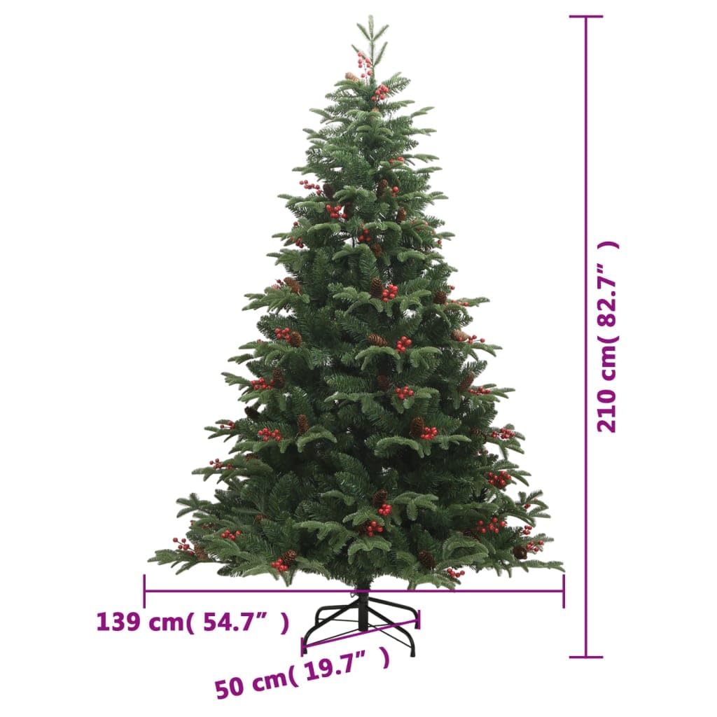 Árbol de Navidad artificial plegable de 210 cm con puntas de polietileno, piñas y bayas rojas, incluye soporte de hierro resistente para un fácil montaje y aspecto natural