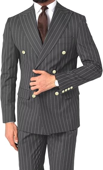 بدلة رجالي Pinstripe Slim Fit 2 Piece Double Breasted Wedding Halloween Christmas Prom Gold Button Blazer and Pants   