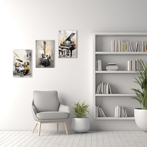 Miniatura 4 de QIXIANG Lienzo decorativo de pared para amantes de la música, 3 piezas, guitarra negra y dorada, piano y batería, impresiones de imágenes para