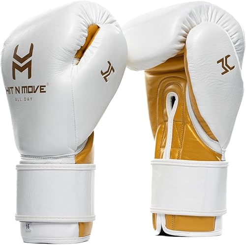 HIT N MOVE Pro Agility - Guantes de boxeo con velcro para hombre, equipo de boxeo (blancodorado, 16 onzas)