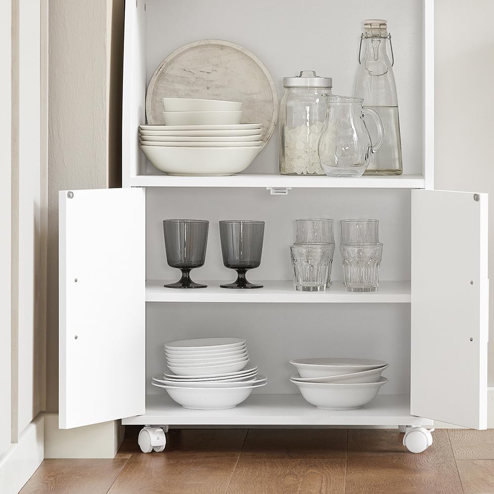 SoBuy Mobile Cucina Salvaspazio con Ante e Ripiano Regolabile – Carrello con Ruote Compatto per Microonde, Stampa o Caffè – Credenza Cucina Moderna Bianca 92x59x40 cm FRG241-W