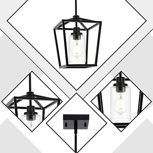 Miniatura 4 de Lámpara colgante de metal de 1 luz, color negro mate, lámpara colgante industrial con vidrio transparente para comedor, isla de cocina