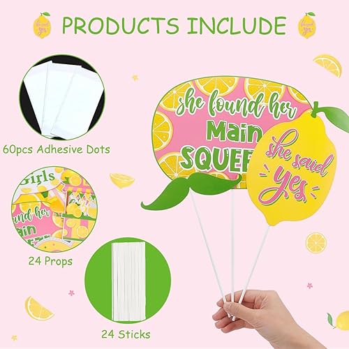 Miniatura 6 de Decoraciones de despedida de soltera de limón con texto en inglés "She Found Her Main Squeeze Photo Booth Props Lemon Citrus Party Supplies - Juego