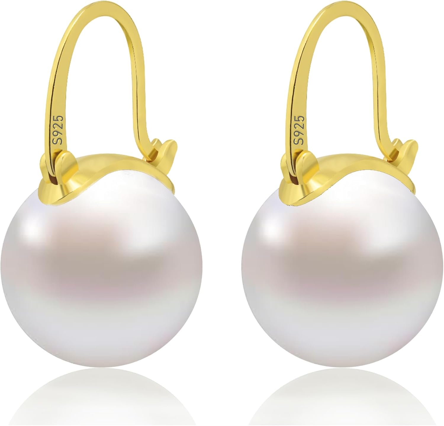 HUGE TOMATO 925 Sterling Silver Simulated Shell Pearl Earrings for Women Trendy, Big Pearl Drop Earrings Leverback Stud,18K Gold Plated Large Pearl Hoop Dangle Hypoallergenic Jewelry 14mm