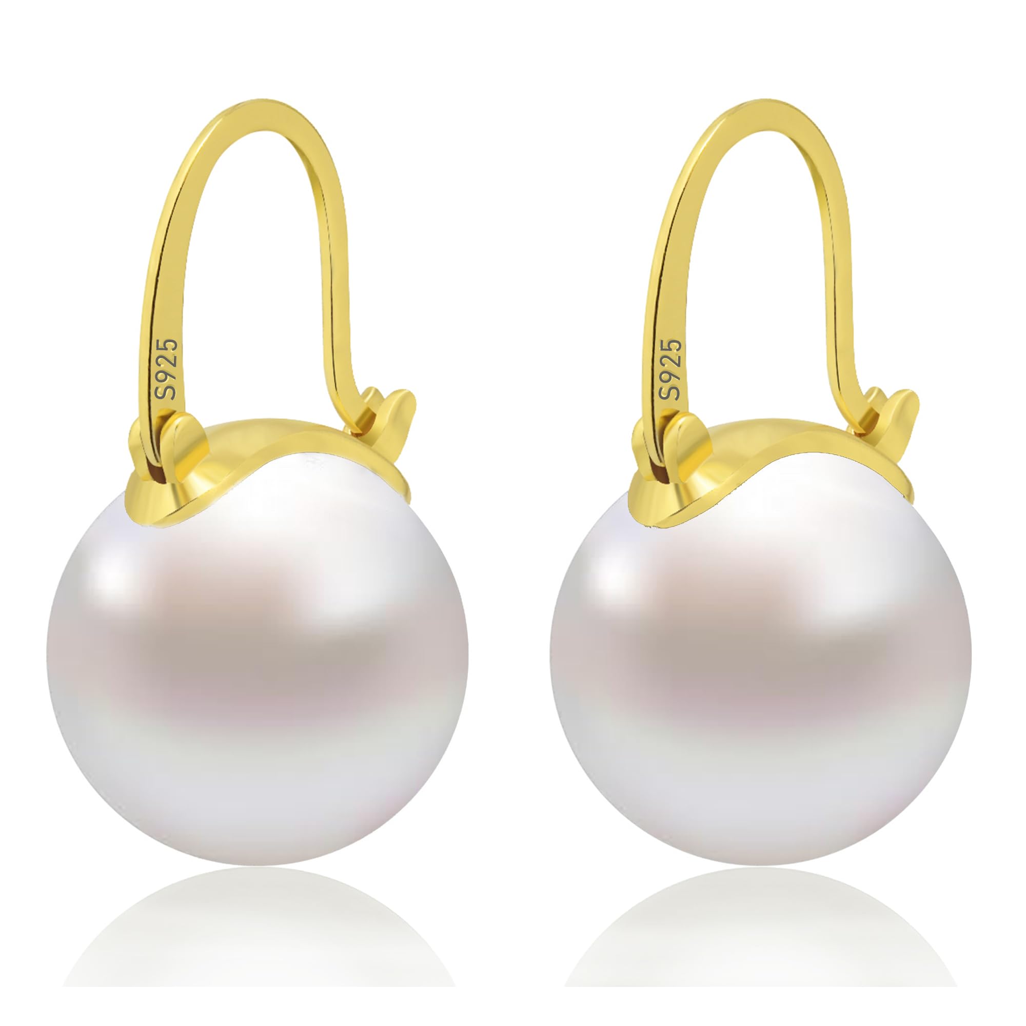HUGE TOMATO925 Sterling Silver Simulated Shell Pearl Earrings for Women Trendy, Big Pearl Drop Earrings Leverback Stud,14K Gold Plated Large Pearl Hoop Dangle Hypoallergenic Jewelry 14mm