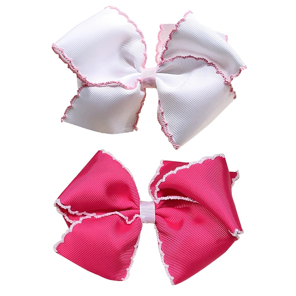 5 Inch Girls' Grosgrain Hair Bow, Alligator Clips Hair Barrettes, Moonstitch Edge Hair Bows (Red + Naive Blue)
