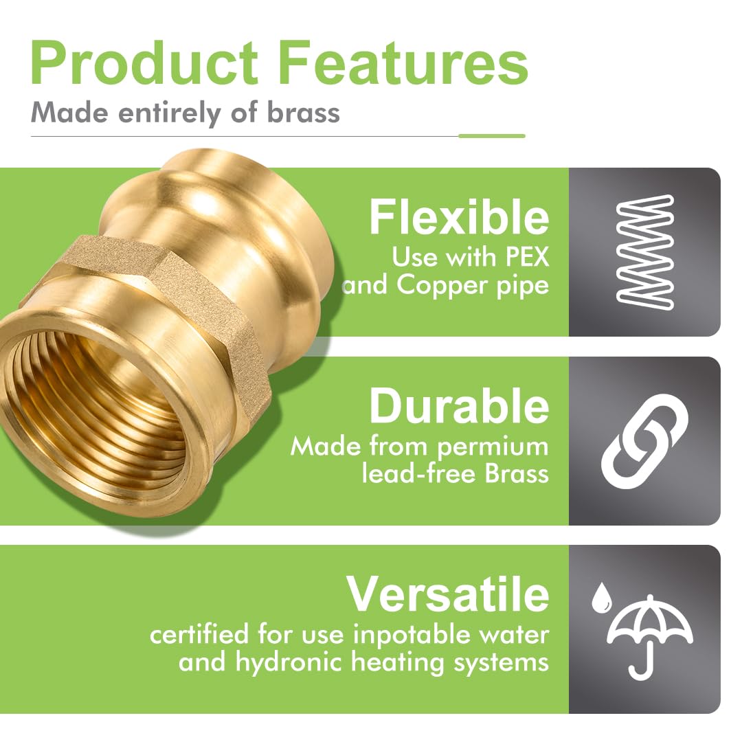 Paquete de 5 accesorios ProPress de latón ProPress de 1 pulgada x 1 pulgada NPT hembra adaptador ProPress de cobre a tubo NPT hembra con junta tórica EPDM para tuberías de cobre y conexiones