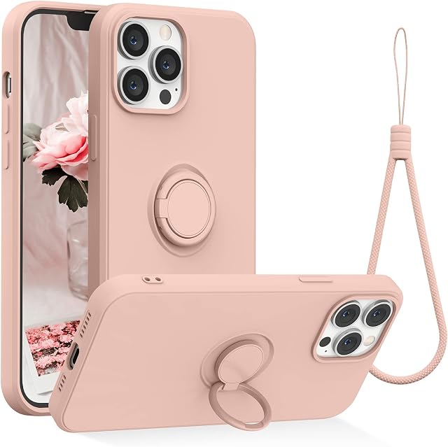 abitku Compatible with iPhone 13 Pro Max Case, Silicone with 360°Ring Kickstand Holder (Support Magnetic Car Mount) Microfiber Cloth Fully Coverage Designed for iPhone 13 Pro Max 6.7 inch 2021 (Pink)