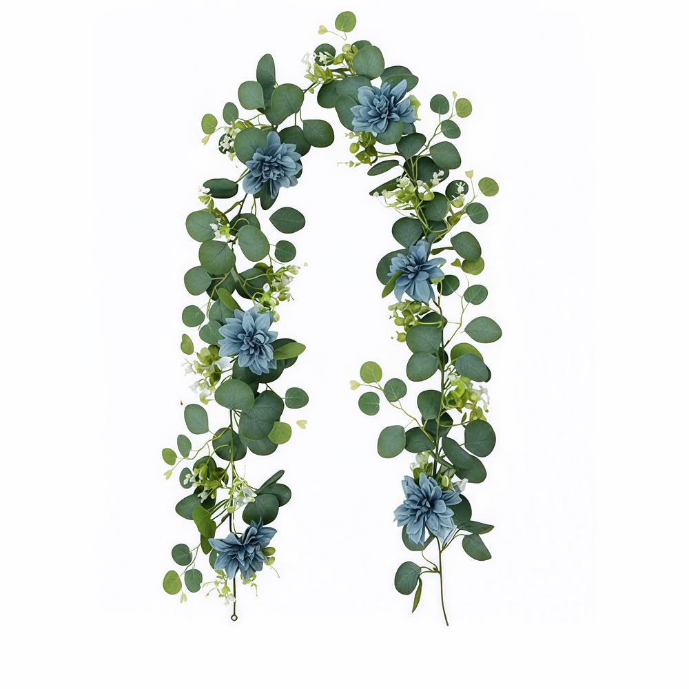 Artificial Eucalyptus Garland with Blue Flowers, 5.9 Ft Faux Greenery Vine for Mantle Wedding Table Decoration, Hanging Green Leaf Swag for Indoor Outdoor