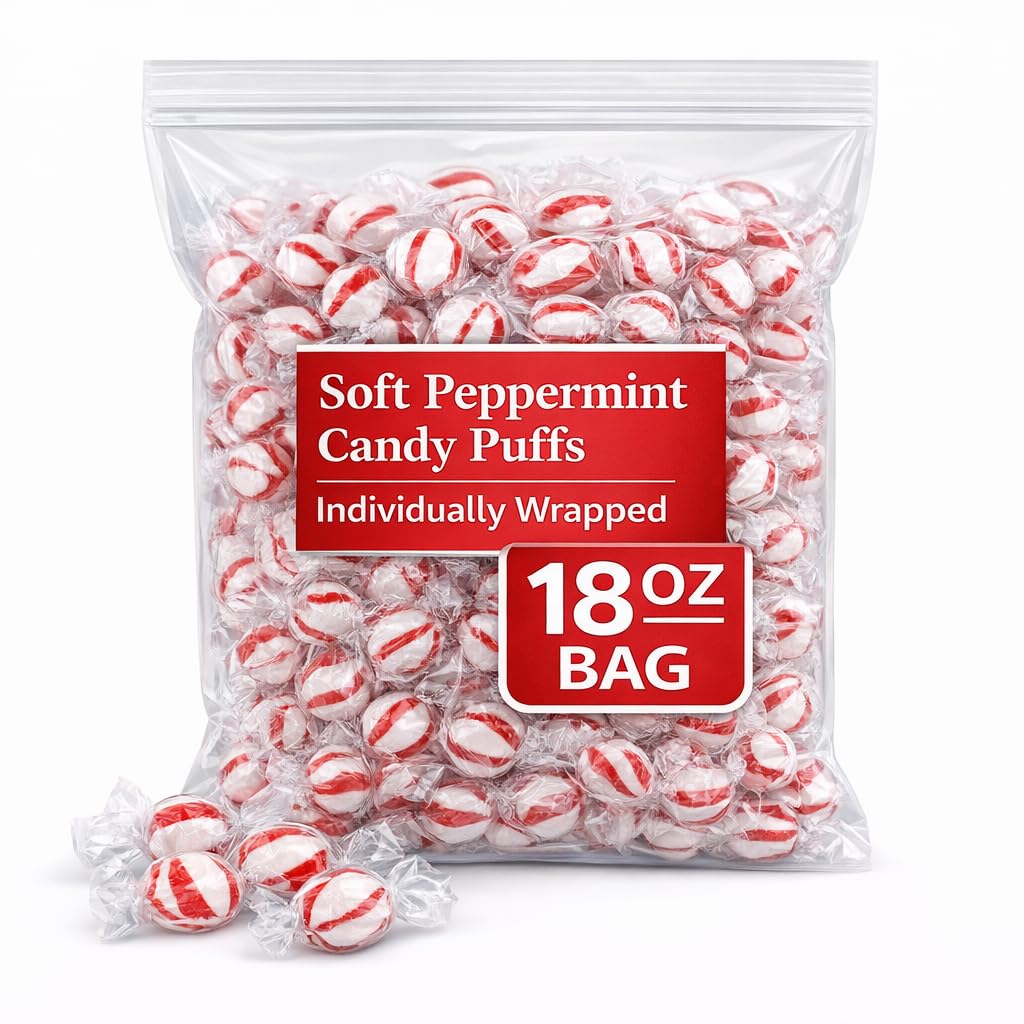 Soft Peppermint Candy Puffs, Red and White Striped, Individually Wrapped, 350 Count (350 Count)