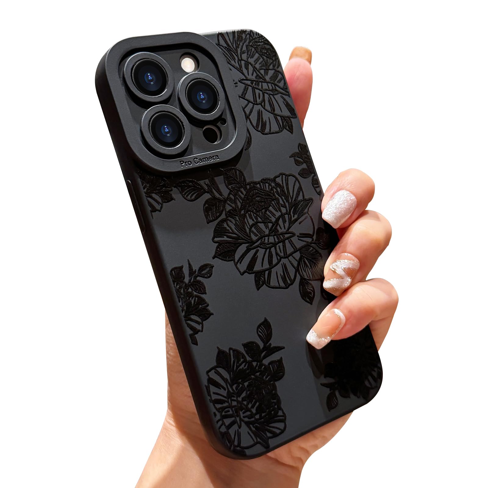 LAPOPNUT Black Case for iPhone 14 Pro Max,Women Girls Cute Black Flower Pattern Design Soft Silicone Cover Shockproof Protective Phone Case for iPhone