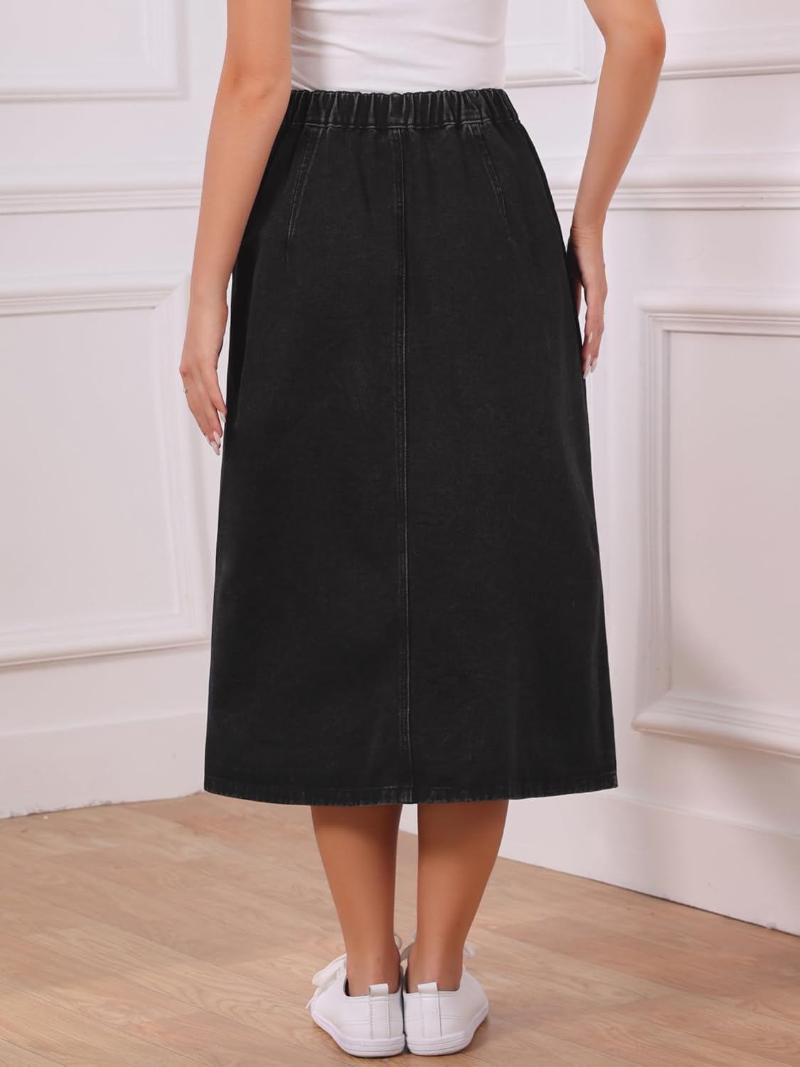 Women's Denim Skirt Button Down Front High Waisted Pockets A Line Midi Jean Skirts - Image 3