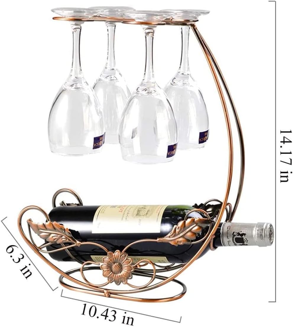 Tabletop Wine Rack - Metal Fine Forged Wine Glass Display Holder, Holds 1 Bottle and 4 Glasses, Gold