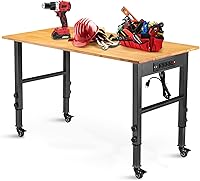 OLBRUS 48" Adjustable Heavy Duty Workbench with Power Outlet, 2000 lbs Capacity, Lockable Wheels for Garage Workshop