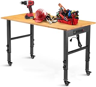 OLBRUS 48" Adjustable Heavy Duty Workbench with Power Outlet, 2000 lbs Capacity, Lockable Wheels for Garage Workshop