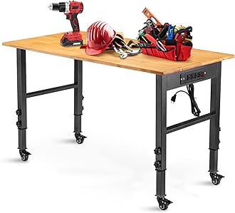 48 "Adjustable Workbench with Power Outlet, Heavy Duty 2000 LBS Load Capacity Hardwood Workbench Suitable for Workshop, Office, Garage, Home with Wheels
