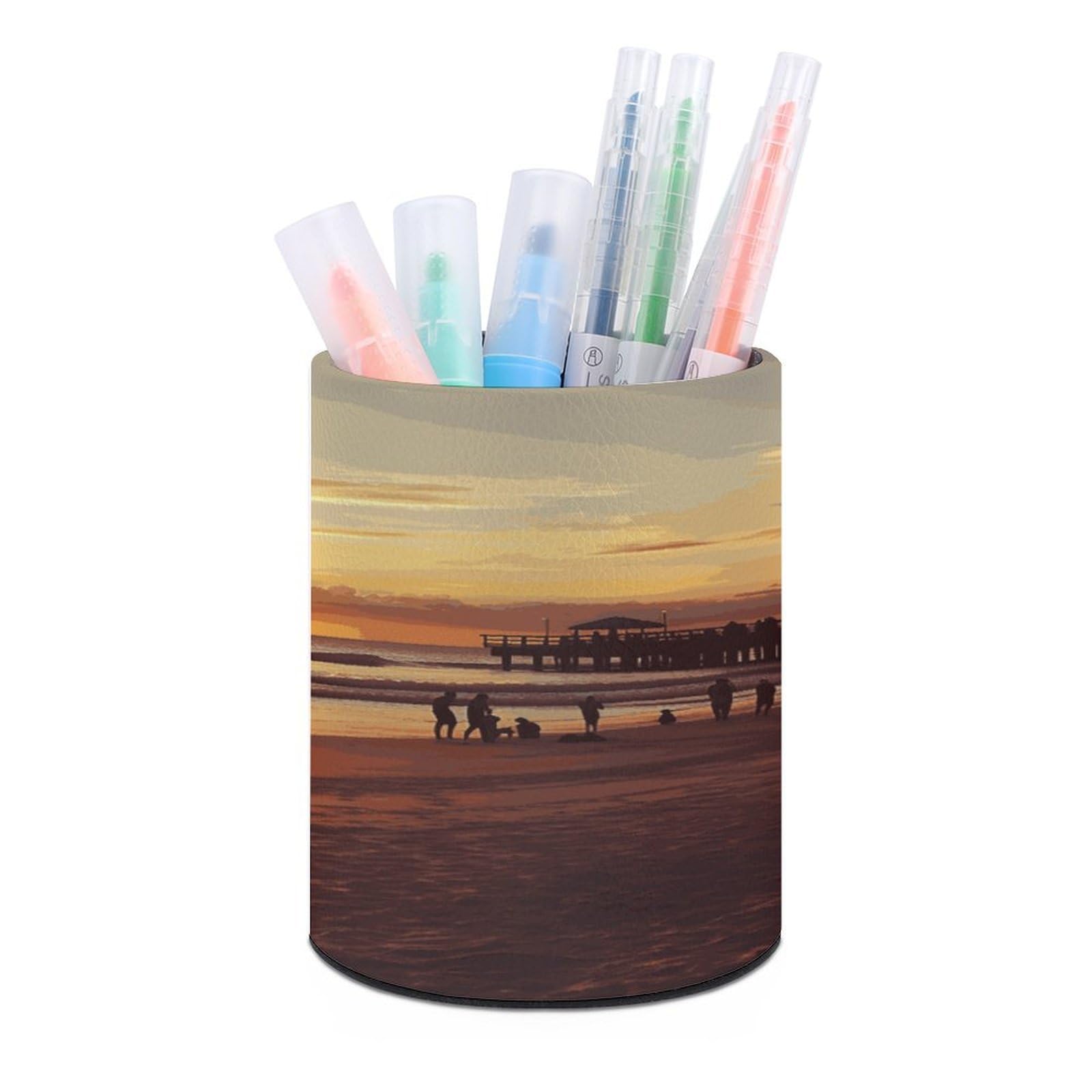 LDGSUPH Sunset Beach Round Pen Holder Leather Pen Cup Pencil Cup Pen Organizer Pencil Holder for Desk Organizer Pencil Organizers Makeup Brush Holders for Home Office Gift