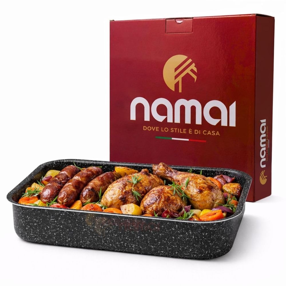NAMAI - Bandeja Horno, 35 CM x 25 CM x 6,5 H CM, Aluminio, Apta Para Lavavajillas, Baking Tray, Diseño Efecto Piedra, Made In Italy