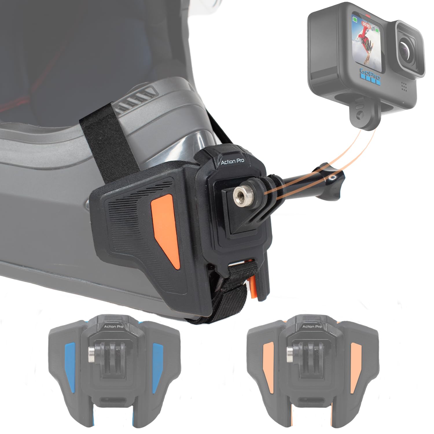 Action Pro Upgraded Motorcycle Helmet Strap Front Chin Mount Compatible with All Smartphones and GoPro 13 12 11 10 9 8 7 5 4 | SJCAM | DJI Osmo | Insta 360 X4 X3 X2 & Other Action Cameras (Orange)