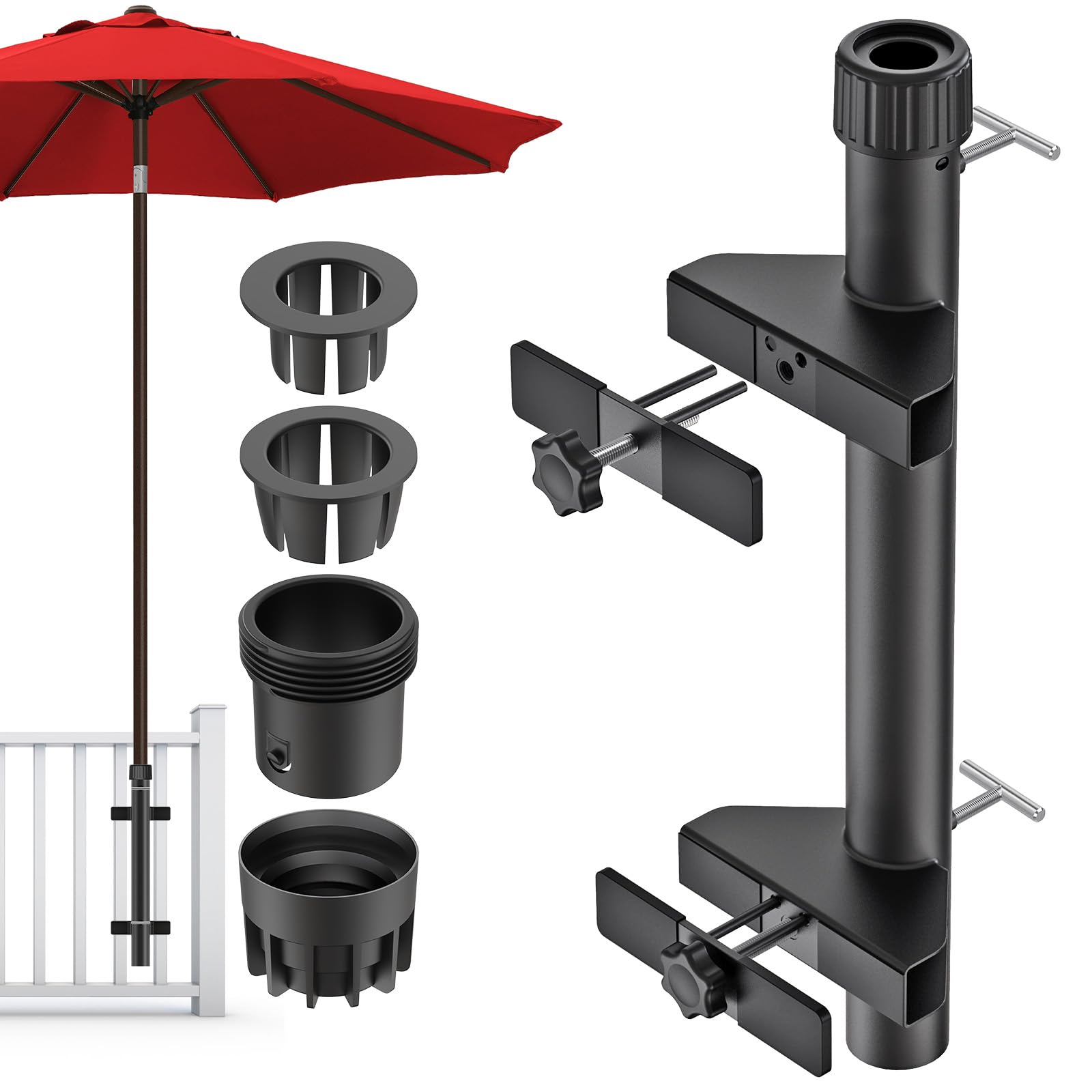 Dolibest Abrazadera para sombrilla para balcón, patio, soporte de tubo para valla, soporte de montaje en cubierta, clip de fijación ajustable para sombrilla de sol, ahorro de espacio con 3 mangas para