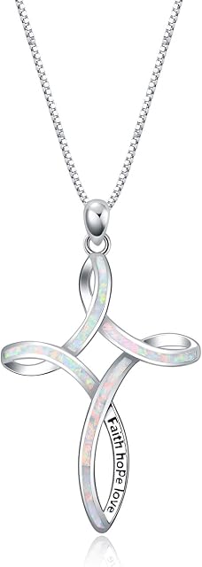 WINNICACA Celtic Knot Necklace Sterling Silver Created Opal Love Knot Pendant Necklaec Jewellery Gifts for Women,Engraved 'faith hope love' at the Celtic Cross Necklace