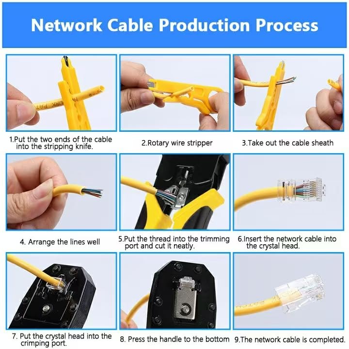 Kit d'Outils Réseau Multifonction, Jaune et Noir, Pince à Sertir, Testeur de Câble, pour CAT5/CAT6/CAT7, avec Sac de Rangement