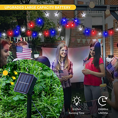 2 Pack Solar Powered Outdoor Patriotic Star String Lights, 100 Led 33 Ft Each July 4Th Decorative Lights, 8 Lighting Modes, Waterproof For Independence Day Party Patio Garden Decor, Red White & Blue #TOP1