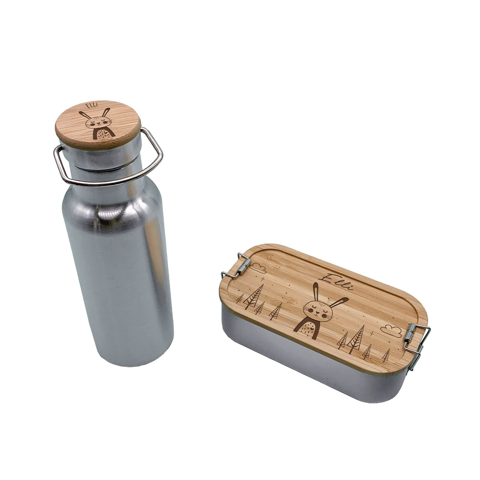 hellomini Geschenkset für Kinder Trinkflasche Isolierflasche Edelstahl mit Bambusdeckel & Brotdose Lunchbox Holzdeckel personalisierte Geschenke Ostern, Weihnachten, Geburtstag, Einschulung Hase