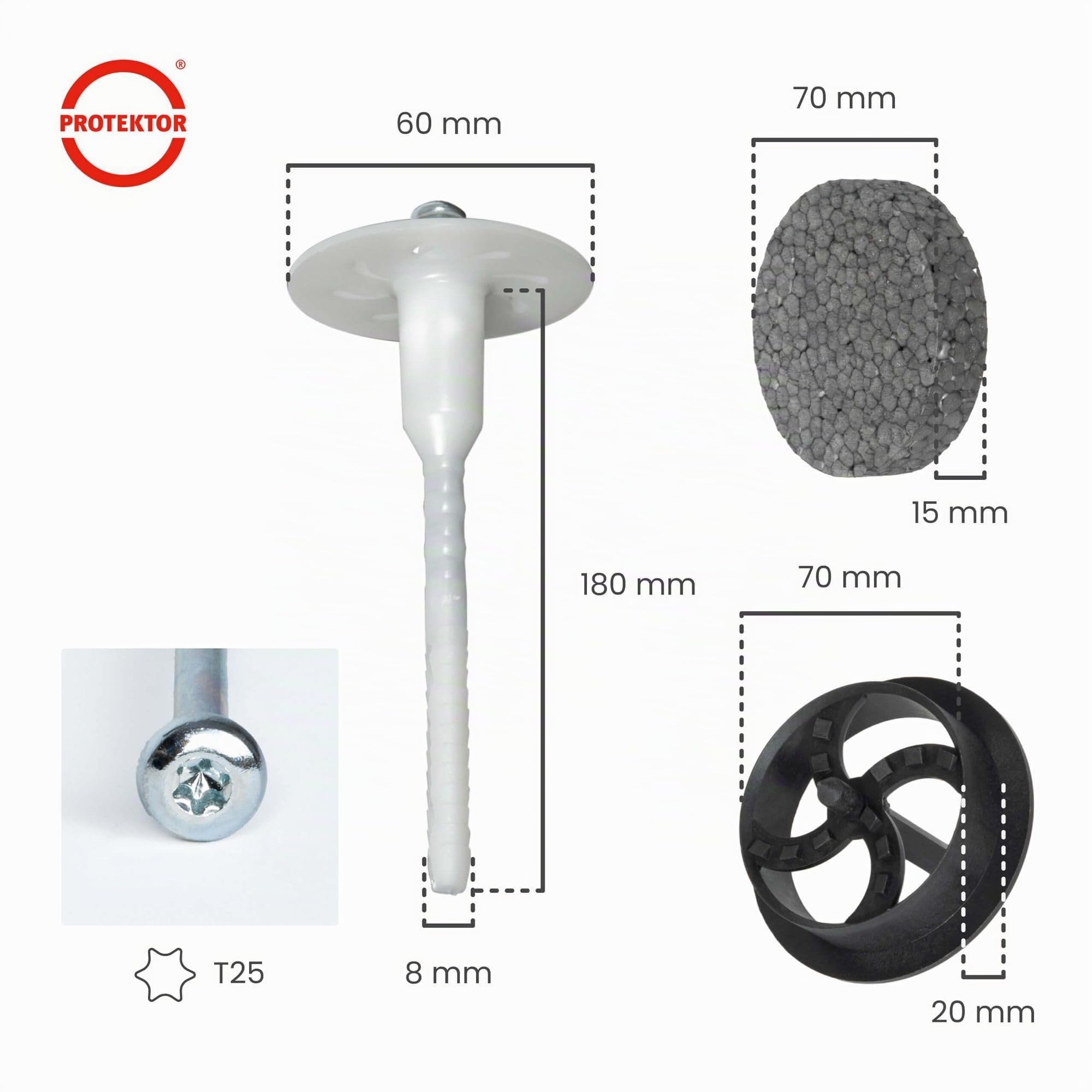 PROTEKTOR 100x Tasselli a vite per isolante, premontati Ø8 x 180mm | Tassello cappotto termico incl. 200 rondelle + 1 fresa per isolamento facciata con vite in acciaio zincato