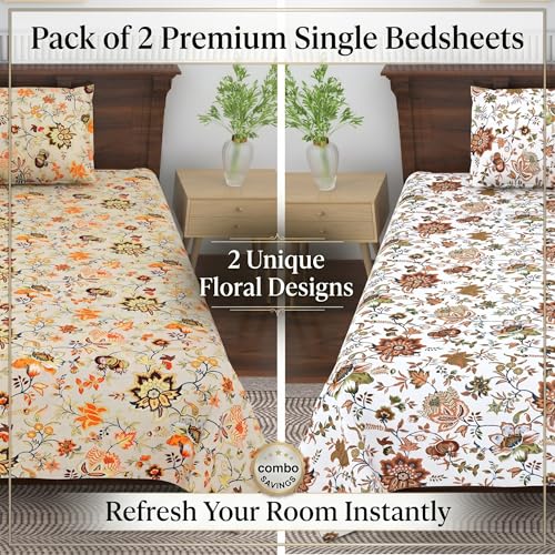 Image of Mafatlal 144 TC Saanjh Cotton Single Bed Sheets Set of 2 (90 x 60 Inches) | Smooth Finish, Breathable & Long Lasting | Brown N Beige