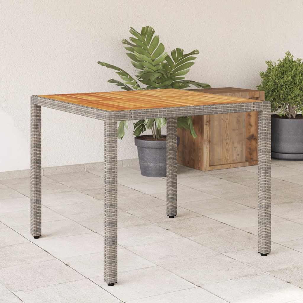 Stół ogrodowy z blatem z drewna akacjowego, szary, 90 x 90 x 75 cm, polirattanowy stół do jadalni, taras, stabilna rama stalowa malowana proszkowo, łatwy w pielęgnacji blat stołu