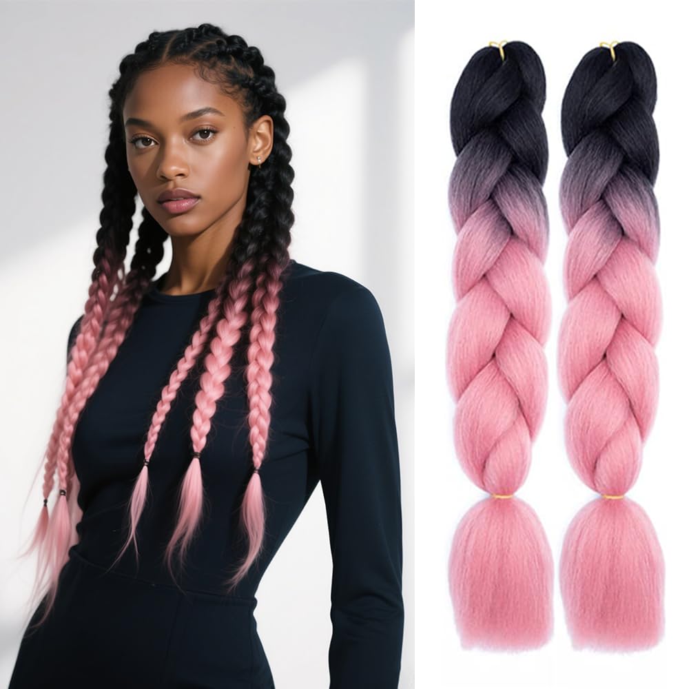 6 Packs Ombre Jumbo Braiding Hair Extensions 24 Inch High Temperature Synthetic Fiber Hair Extensions for Box Braids Braiding Hair (Black to Rouge Pink)
