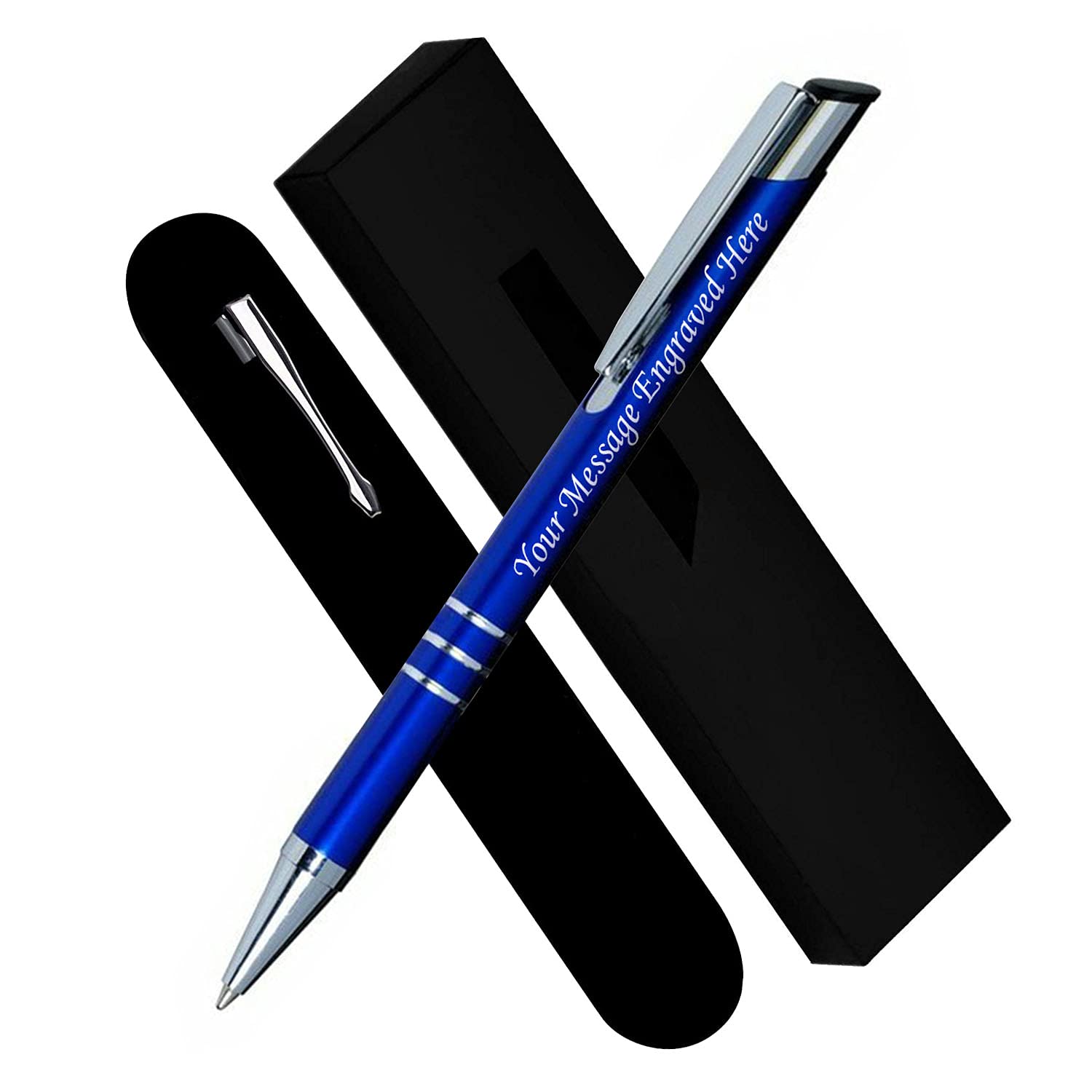 Paul Clover Personalised Engraved Blue Ink Ballpoint Pen with Medium Point - Refillable - Lacquered Aluminium Finish - Velvet Pouch, Gift Box & Black Refill - Great Gift for Men, Women - Blue