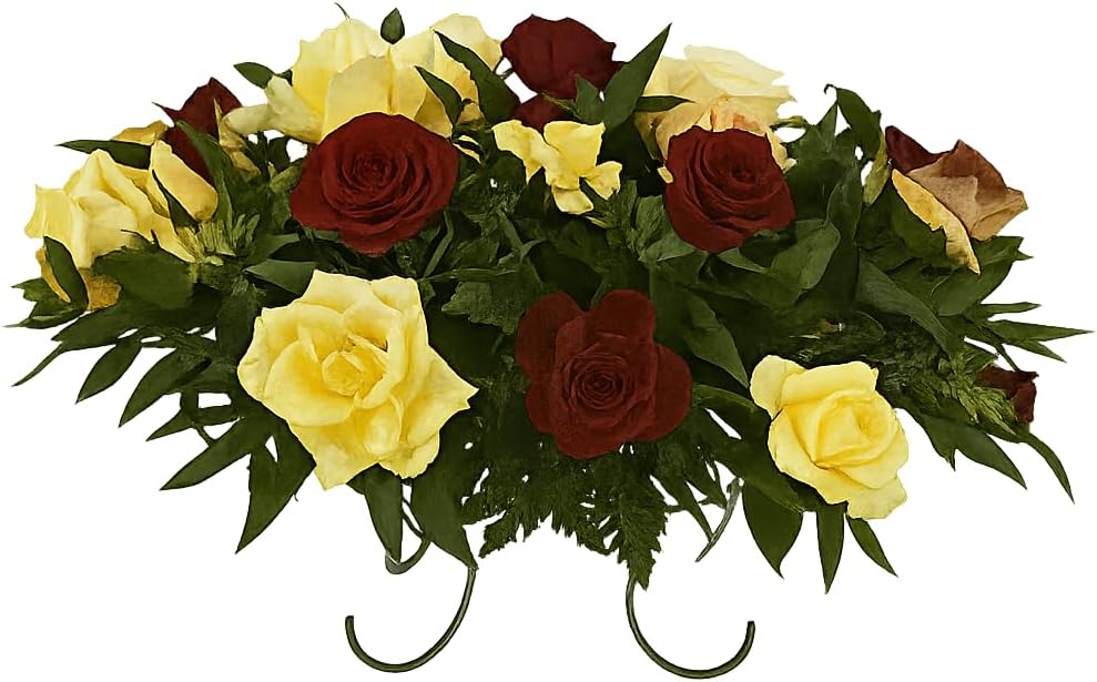 Cemetery Headstone Saddle Arrangement with Yellow Roses, Burgundy Peonies, and Swirl Roses