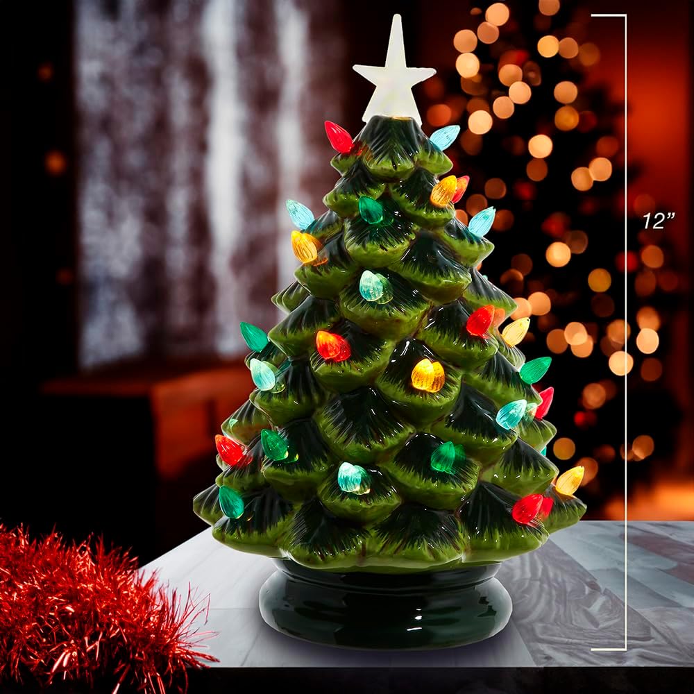 Kurt Adler 12-inch Battery Operated LED Lighted Ceramic Green Tree Table Piece
