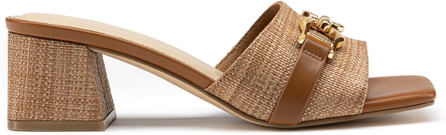 Athlefit Mules Chunky Heels for Women Brown Raffia Slip On Heeled Sandals Square Open Toe 2 Inch Low Block Heels for Summer Dressy - Image 4