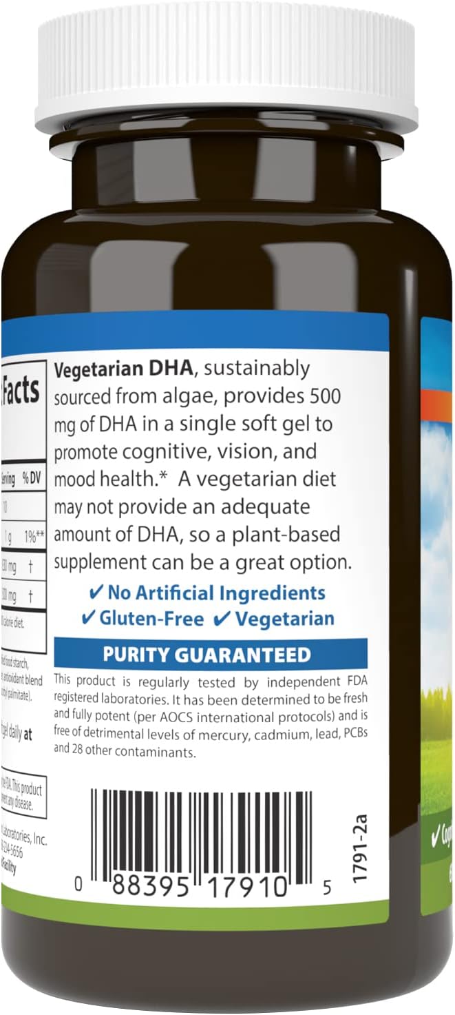 Carlson - Vegetarian DHA, 500 mg DHA, Plant Based, Sustainably Sourced from Algae, Brain Support, Mood Health, 60 Softgels