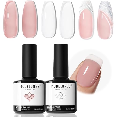 modelones Gel Nail Polish Set 2 Pcs 15ml Jelly Nude Pink and Milky White Gel Polish, French Manicure Base Gel Bubble Bath UV Soak Off Nail Gel for Gradient Nail Art, DIY Home or Salon