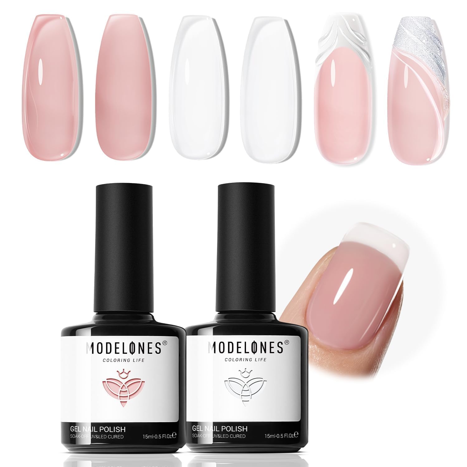 modelones Gel Nail Polish Set 2 Pcs 15ml Jelly Nude Pink and Milky White Gel Polish French Manicure