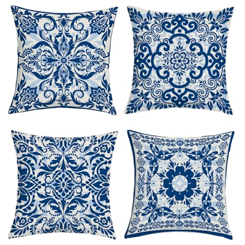 Joymaison Fundas Cojines 45x45 Juego de 4 Funda de Almohada Chinoiserie Azul Blanco Flores Cojines Fundas Geométrico Mandala Floral Cojine Decorativas para Sofá Salón Silla
