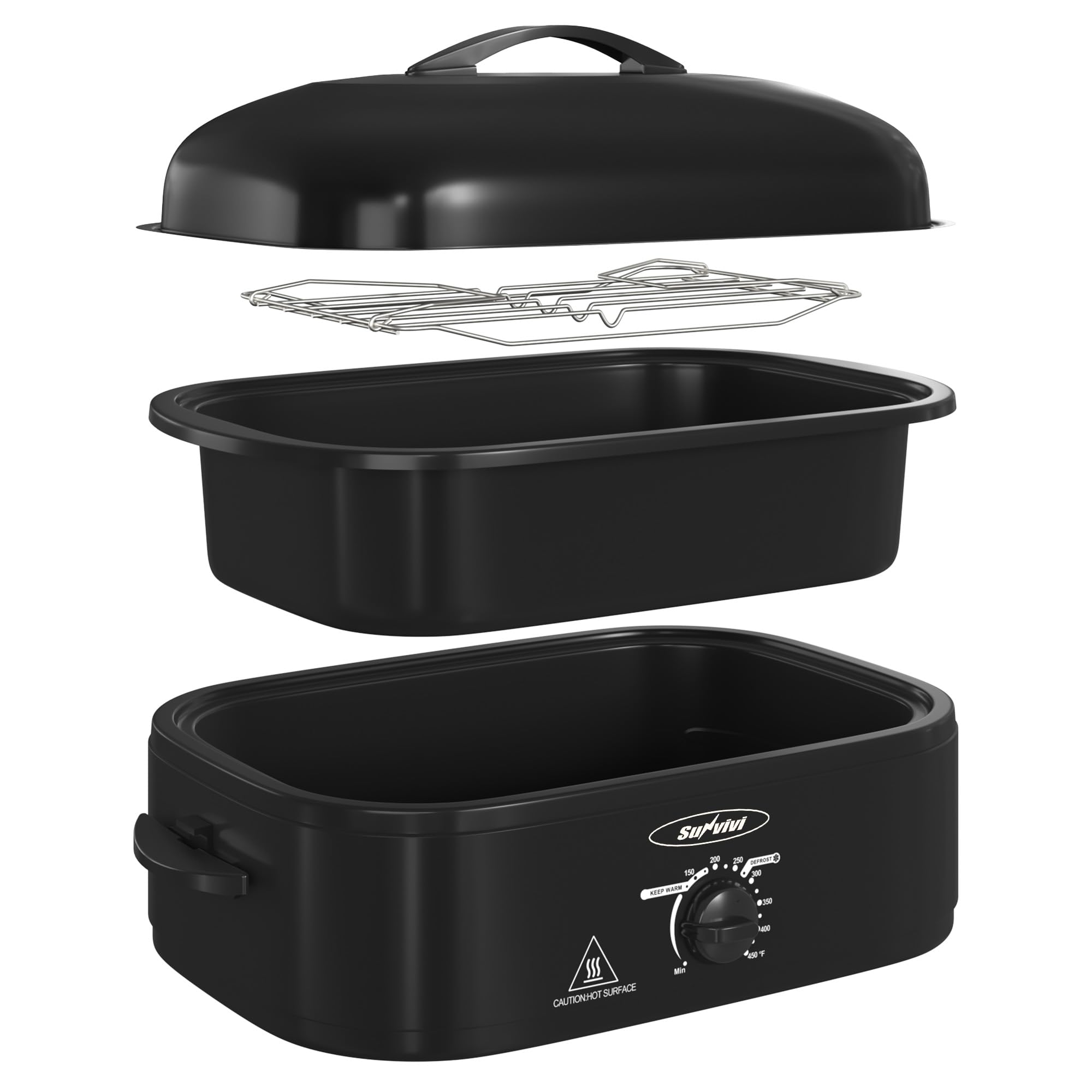 Sunvivi 14-Quart Roaster Oven with Self-Basting Lid, Electric Turkey Roaster Oven with Removable Pan and Rack, Stainless Steel, Black